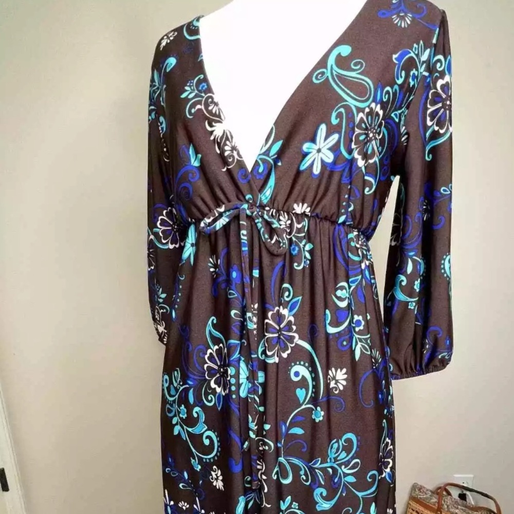 Hypnotized Women's  Dress. Brown, v neck with teal paisley. Large